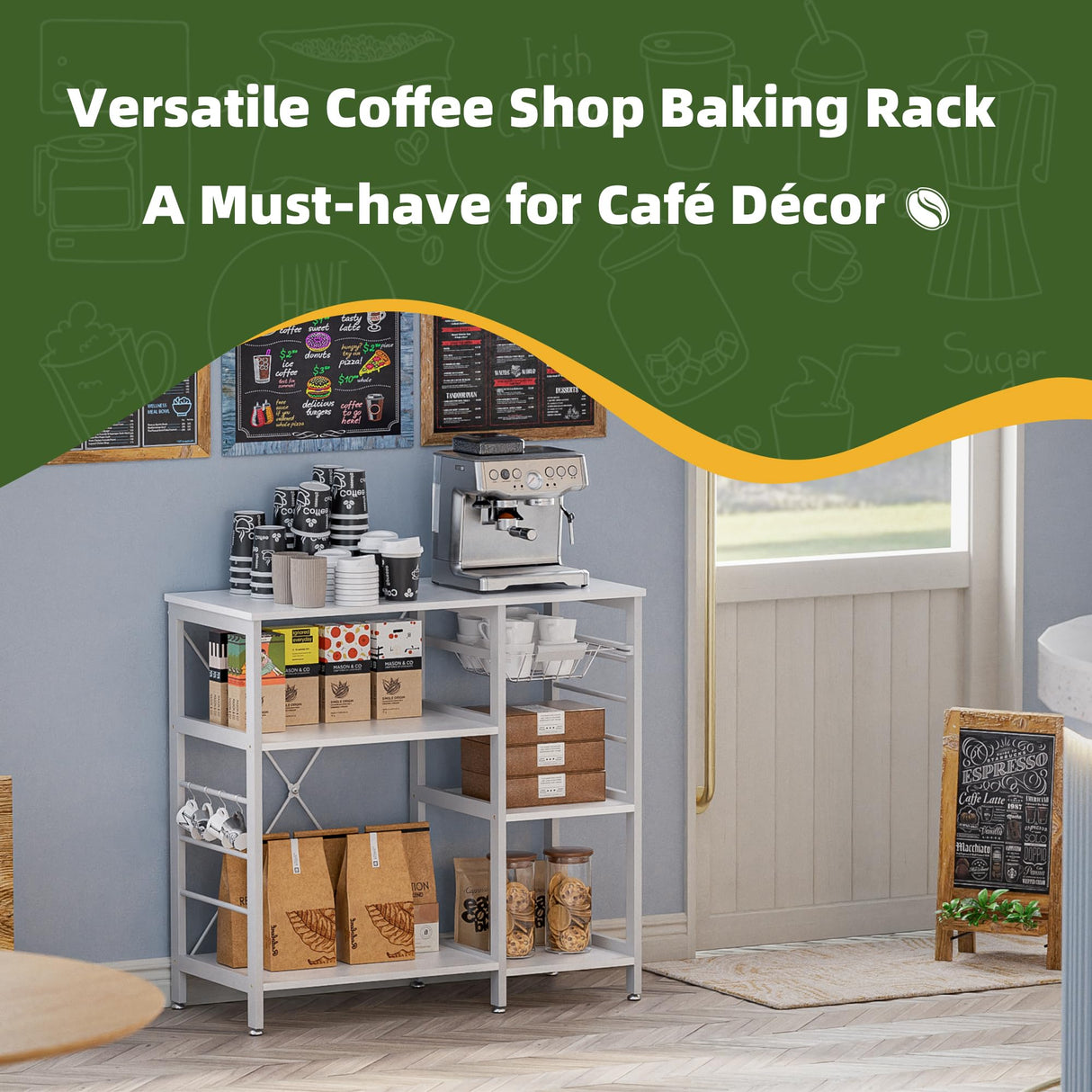 vovala Baker’s Rack, Microwave Oven Stand with Bamboo Frame, 35.43" Coffee Bar with Wire Basket & 6 Hooks, 3-Tier Kitchen Storage Shelf Stand for Kitchen, Living Room, Office, White vovala