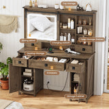 AOGLLATI Farmhouse Makeup Vanity Desk with Lights & Charging Station,Vanity Desk with Mirror and Lights, 47.2” Large Brown Vanity Table with Ample Storage Space and Sliding Mirror (Oak Brown) AOGLLATI
