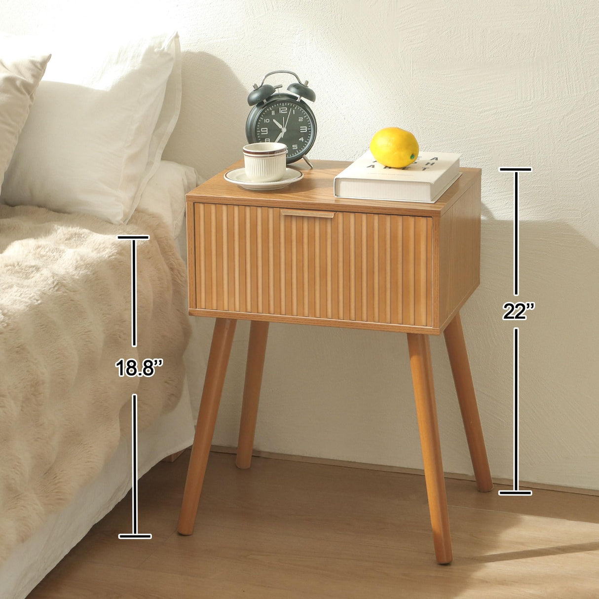 Fluted Nightstand, Small Bedside Table with Storage Drawer, Accent End Table Living Room for Bedroom and Small Space, Brown AWASEN