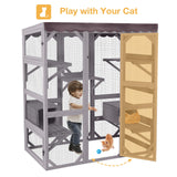 Wooden Catio Outdoor Cat Enclosure,Large Luxury Kitty-House with 7 Jumping Platforms & Weatherproof Asphalt Roof,Walk-in Kitty Kennel Condo Shelter and 2 Napping Houses (Grey, Large) Suumerpety