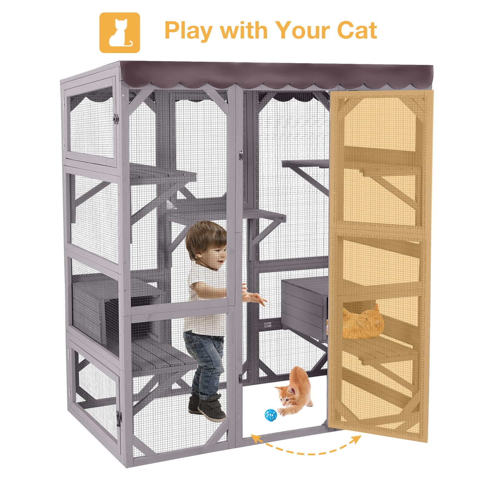 Wooden Catio Outdoor Cat Enclosure,Large Luxury Kitty-House with 7 Jumping Platforms & Weatherproof Asphalt Roof,Walk-in Kitty Kennel Condo Shelter and 2 Napping Houses (Grey, Large) - WoodArtSupply