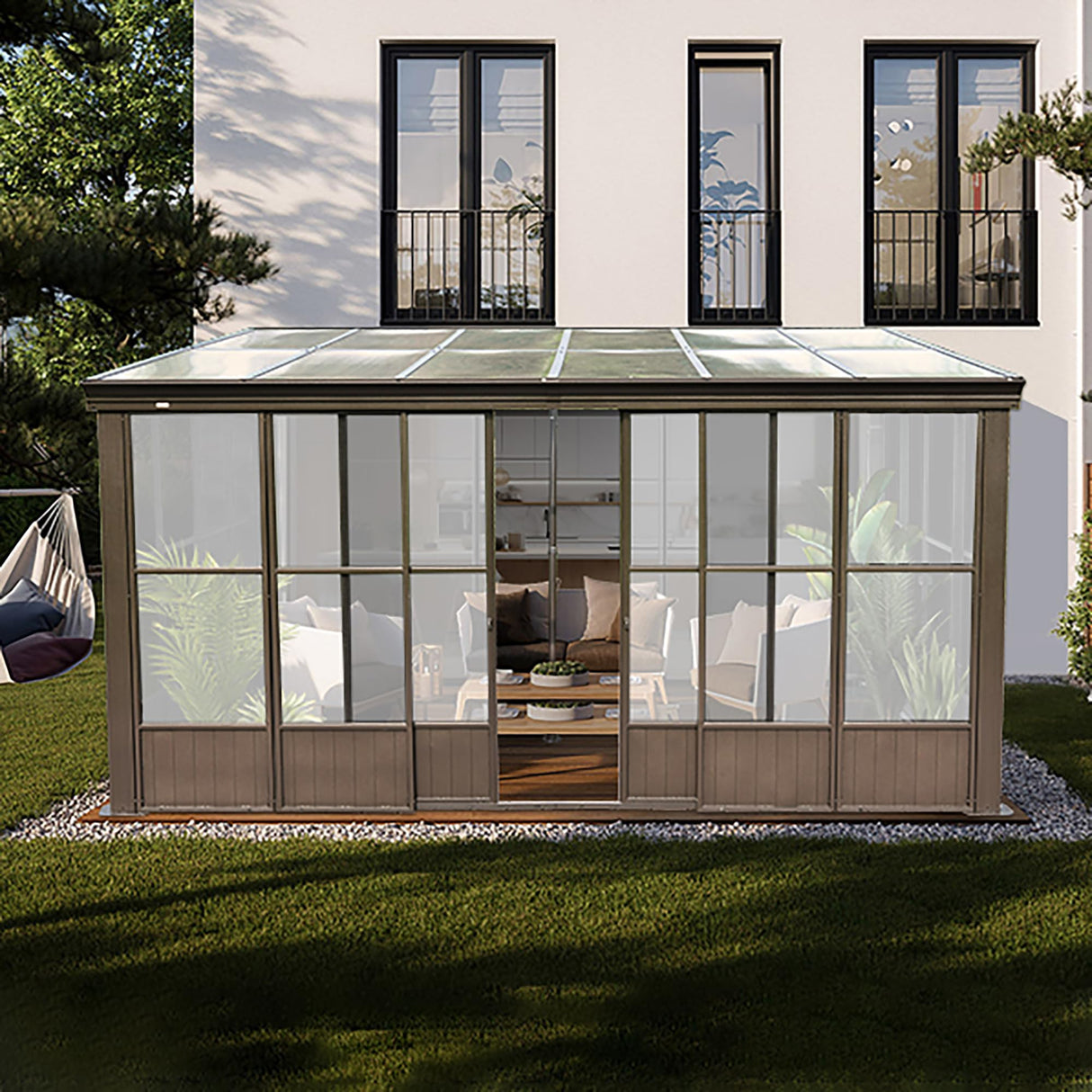 Domi Lean-to Sunroom 10x12FT, Wall Mounted Solarium with Sloping Polycarbonate Roof, Detachable Polycarbonate Screens, 2 Lockable Sliding Doors, Aluminum Gazebo Against Wall Sun Room for Patio Deck domi outdoor living