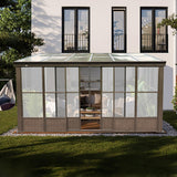 Domi Lean-to Sunroom 10x12FT, Wall Mounted Solarium with Sloping Polycarbonate Roof, Detachable Polycarbonate Screens, 2 Lockable Sliding Doors, Aluminum Gazebo Against Wall Sun Room for Patio Deck domi outdoor living