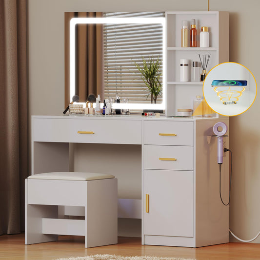 DWVO 45" W Vanity Desk with Wireless Charging Station & Power Outlet, Vanity Mirror w/Lights Table Set with Storage Bench, 4 Large Drawers Vanity Set 3 Lighting Modes Brightness Adjustable, White