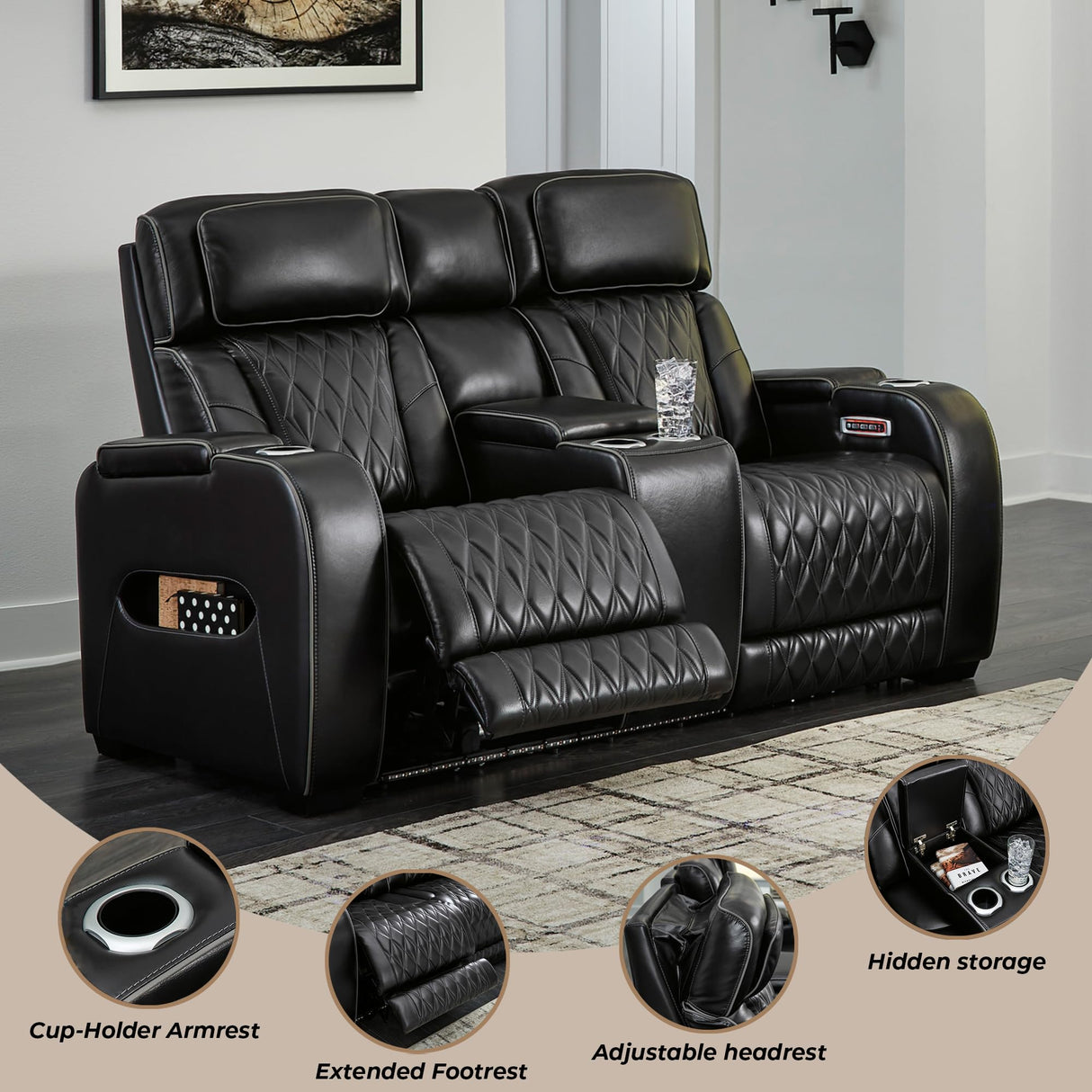 Signature Design by Ashley Boyington Modern Leather Match Power Reclining Loveseat with Console, Adjustable Headrest, Massage, Heated Seat and LED Lights, Black Signature Design by Ashley