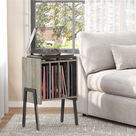 TUTOTAK Record Player Stand, Record Storage Table, End Table with Vinyl Holder Display Shelf, Side Table, Turntable Stand, Nightstand (Greige) TUTOTAK