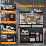 Rumetol 65" Heavy Duty Garage Workbench with Storage Drawers & Pegboard,2000lbs Capacity Metal Work Bench with Lockable Magnetic Cabinets,Adjustable LED Light for Workshop/Garage Rumetol