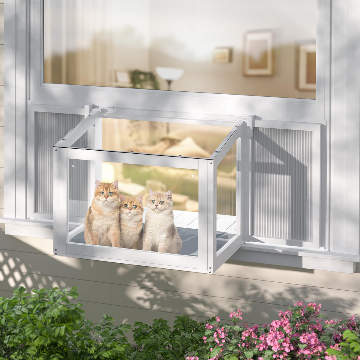 Yardenaler Cat Window Box, Adjustable Window Cat Perch Catio, Wooden Window Catio for Indoor Cats, Fits Vertical Window Frames 26" to 42" Wide, Sunbathing, Napping, Overlooking, White Yardenaler