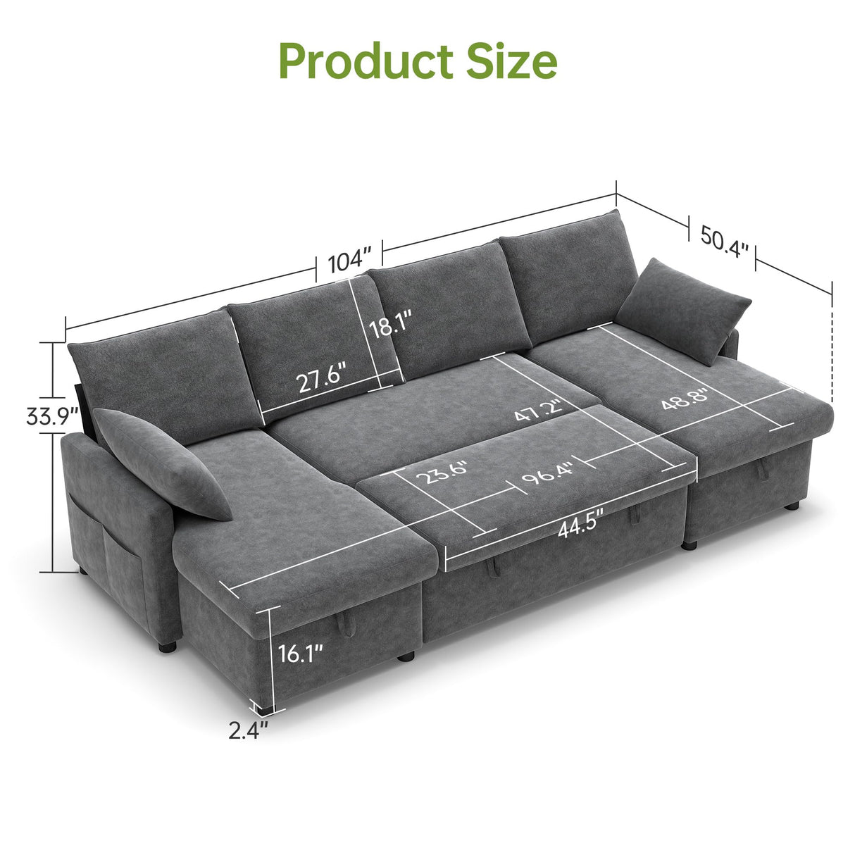 Real Relax 104'' Sofa Bed, U Shaped Chenille Sleeper Sofa Couch with Pull Out Bed and Chaise Storage for Living Room, Apartment and Office, Dark Gray Real Relax