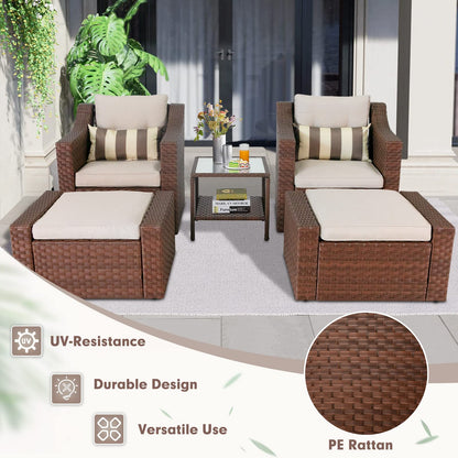 Crownland 5 Pieces Wicker Patio Conversation Set All Weather Outdoor Wicker Lounge Chair and Ottoman Conversation Set with Coffee Table & Cushions (Brown)