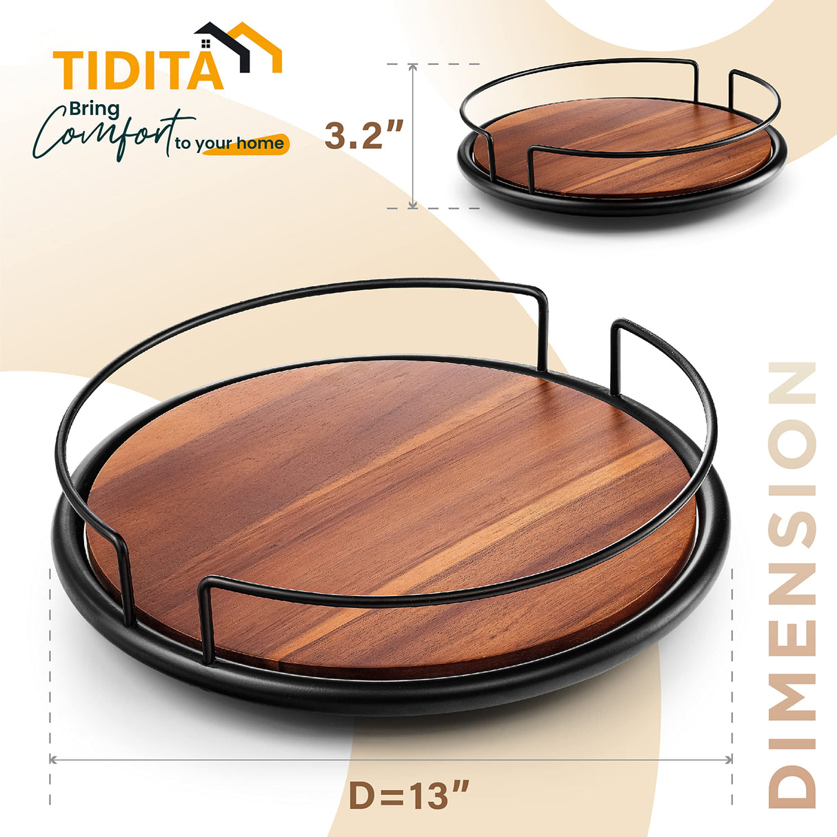 TIDITA 13" Acacia Wood Lazy Susan Turntable with Metal Frame for Table Top - Wooden Serving Tray Rotating for Kitchen Counter - Centerpiece Organizer Storage Food Bin Container for Pantry, Fridge Tidita