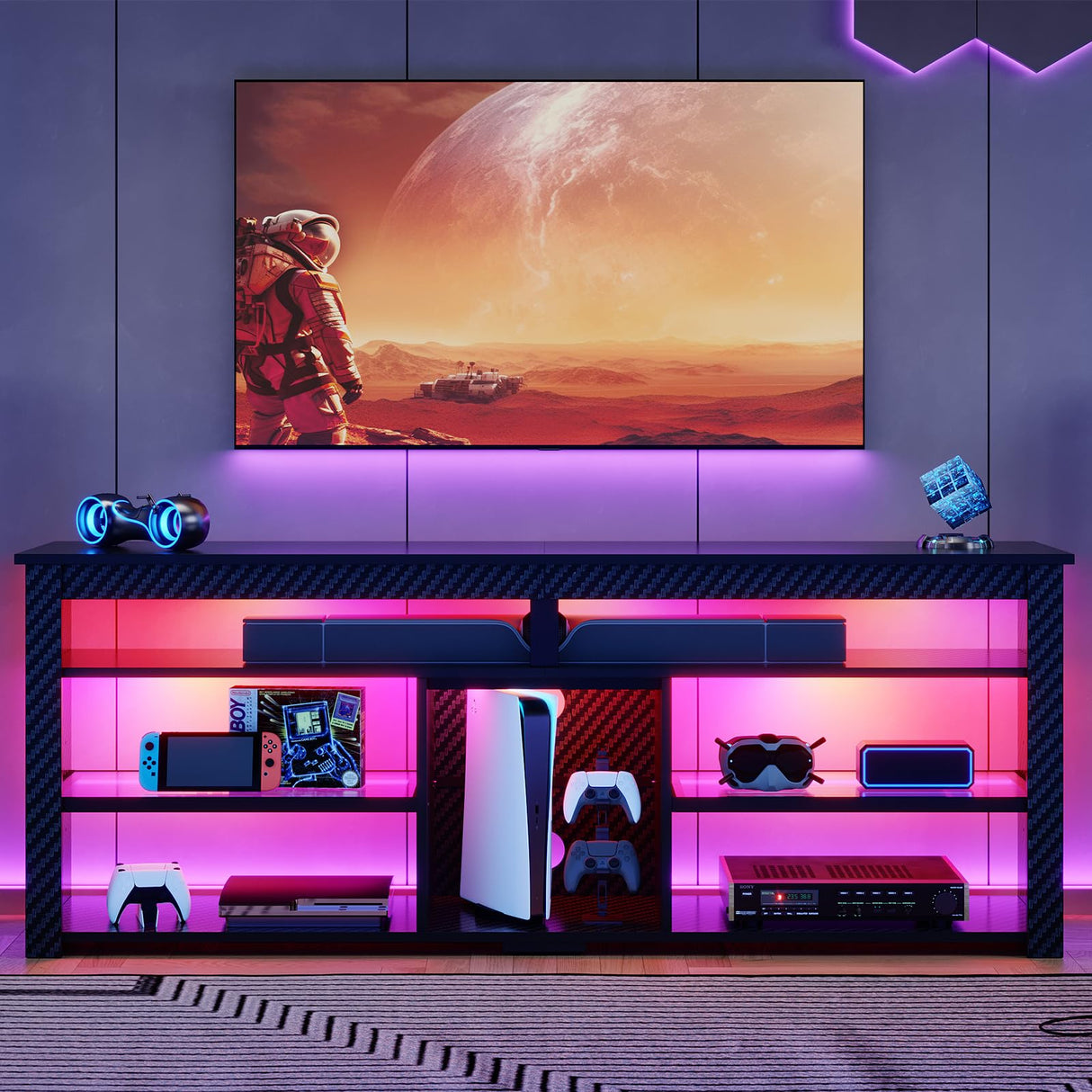 Bestier TV Stand for 70 inch TV, Tall Entertainment Center with 2 Led Lights, Gaming TV Console with Storage for PS5, Modern TV Cabinet for Bedroom, Living Room, Black Carbon Fiber Bestier