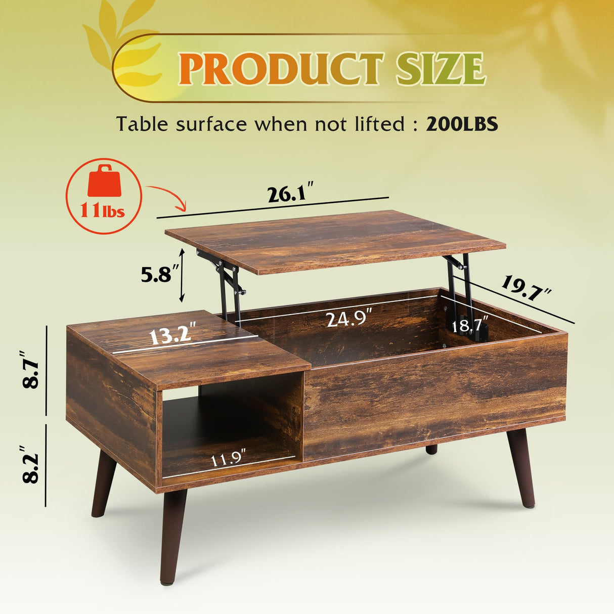 WLIVE Coffee Table for Living Room, Lift Top Coffee Table with Storage, Small Rising Wooden Dining Center Table with Storage Shelf & Hidden Compartment, 39" Rustic Brown WLIVE