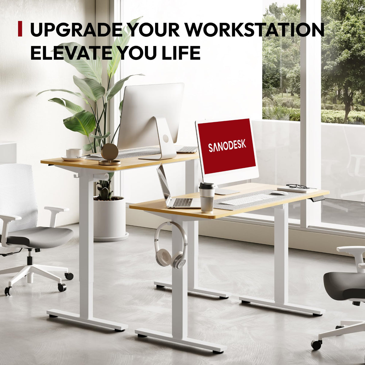 SANODESK Electric Standing Desk 48 x 30 Inches Whole-Piece Desktop Height Adjustable Stand Up Desk w/6-Button Controller Ergonomic Computer Desk for Home Office, White Frame + Natural Tabletop SANODESK