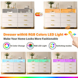 EnHomee Wooden Dresser for Bedroom with LED Lights, 47.3" W White Dresser for Bedroom, 6 Drawer Dresser TV Stand, Modern Dresser with Large Organizer for Bedroom, Living Room, Hallway, White EnHomee