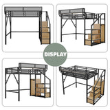 MoproBeti Full Size Loft Bed with Stairs, Metal Loft Beds Full with Storage Shelves, Adults Loft Bed with Wardrobe, Heavy Duty High Lofted Bed for Teens, No Box Spring Needed, No Noise, Black MoproBeti