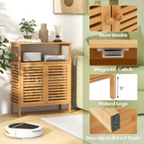 Tangkula Bamboo Floor Cabinet, Bathroom Storage Cabinet with Double Slatted Doors, Open Shelf, Removable Shelf, Storage Organizer for Bathroom Doorway Living Room Kitchen Tangkula