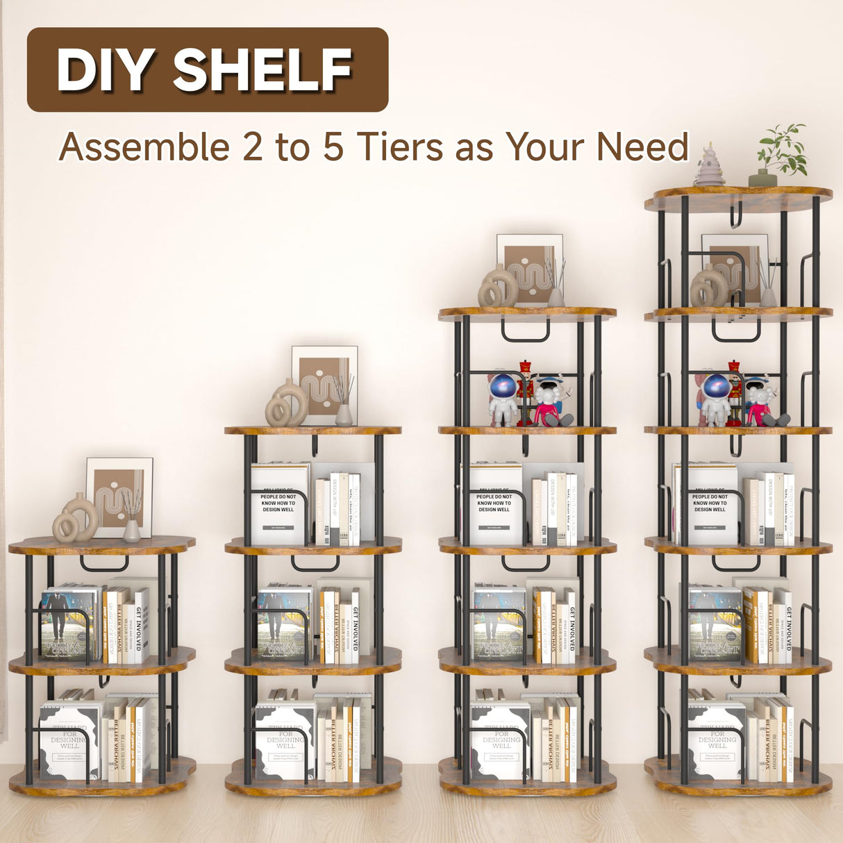 TEROL 5-Tier Rotating Book Shelf, 360° Display Spinning Bookshelf Tower, Book Organizer, Floor Standing Bookcases for Small Space, Corner Book Shelf for Bedroom, Living Room, Study Room (RUSTIC BROWN) TEROL