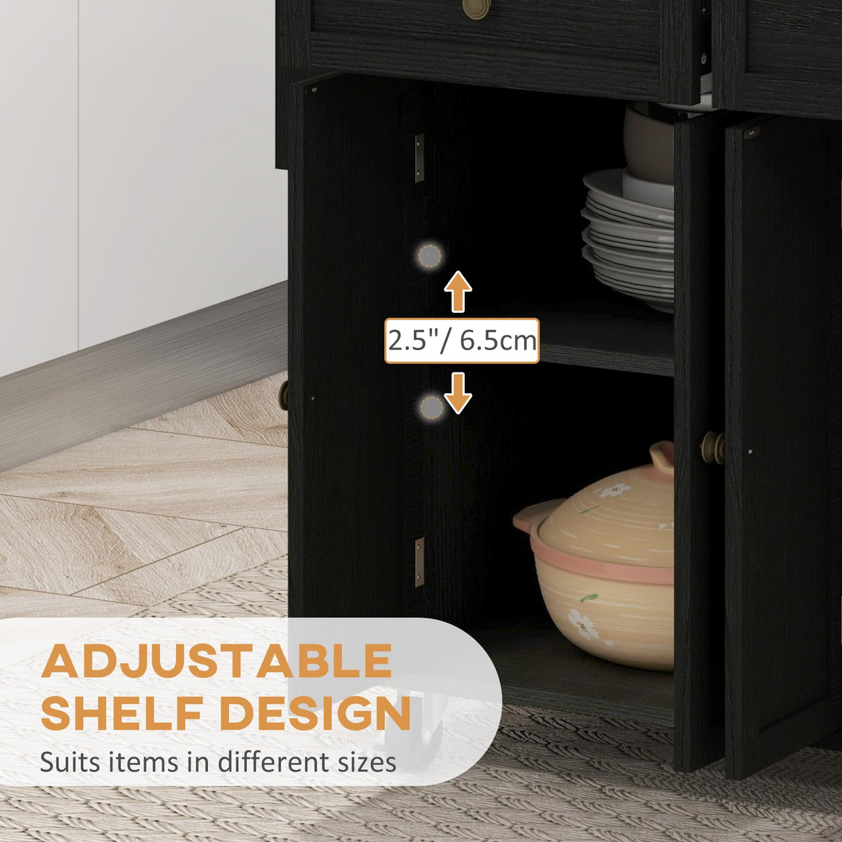 HOMCOM Kitchen Island on Wheels, Rolling Cart with Rubberwood Top, Spice Rack, Towel Rack and Drawers for Dining Room, Distressed Black HOMCOM