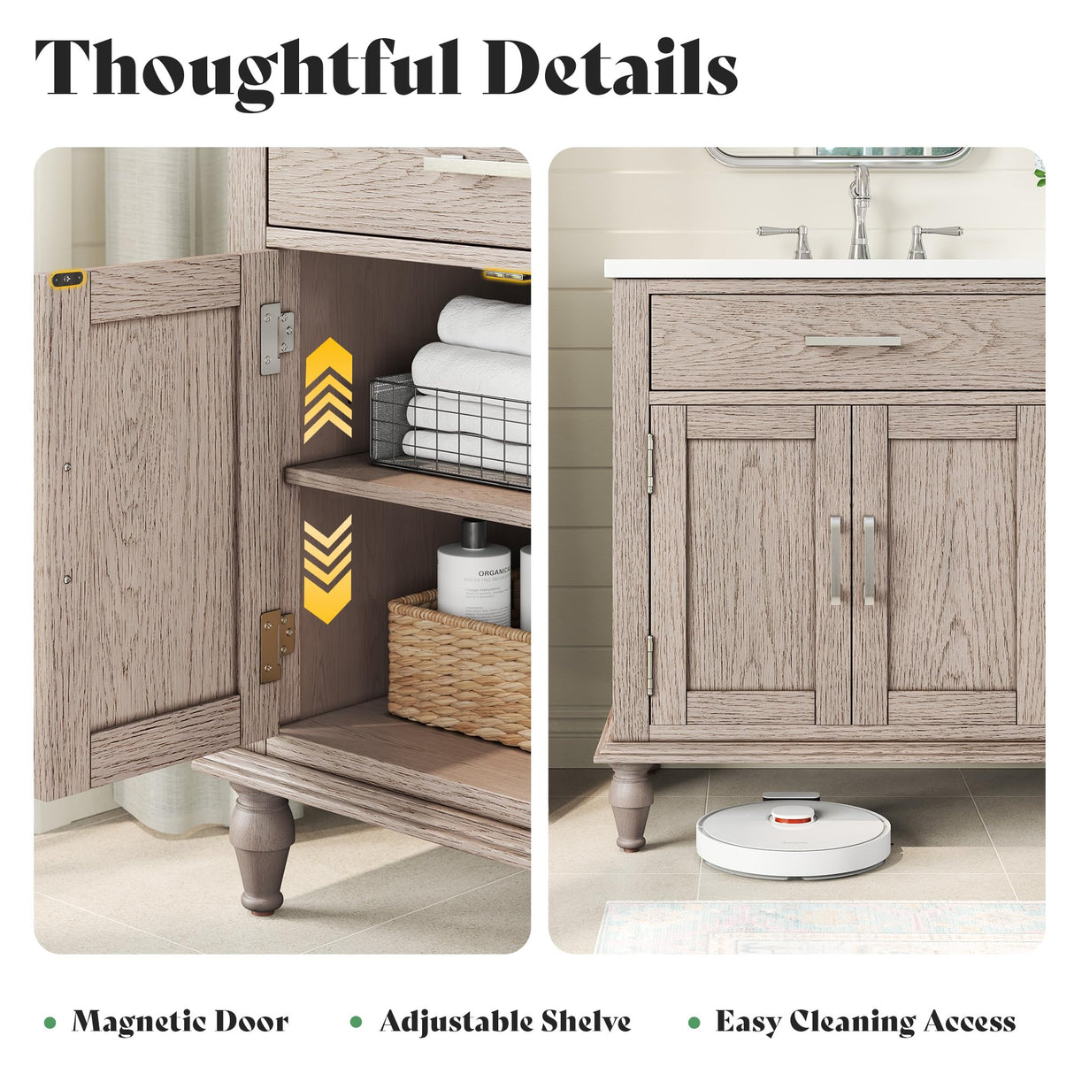 60" Solid Oak Double Sink Bathroom Vanity with Sink Combo, Antique Grey Oak Vanity Cabinet with Drawers & Adjustable Shelves, Easy Assembly AMERLIFE