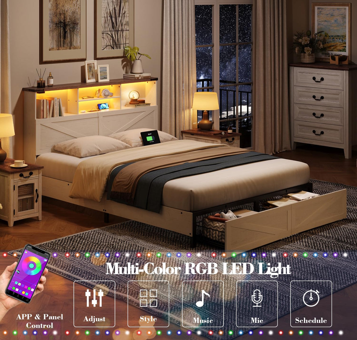 ROCHECASA White Full Size Bed Frame with Bookshelf Headboard, Charging Station, LED Lights, and Storage Drawers ROCHECASA