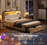 ROCHECASA White Full Size Bed Frame with Bookshelf Headboard, Charging Station, LED Lights, and Storage Drawers ROCHECASA