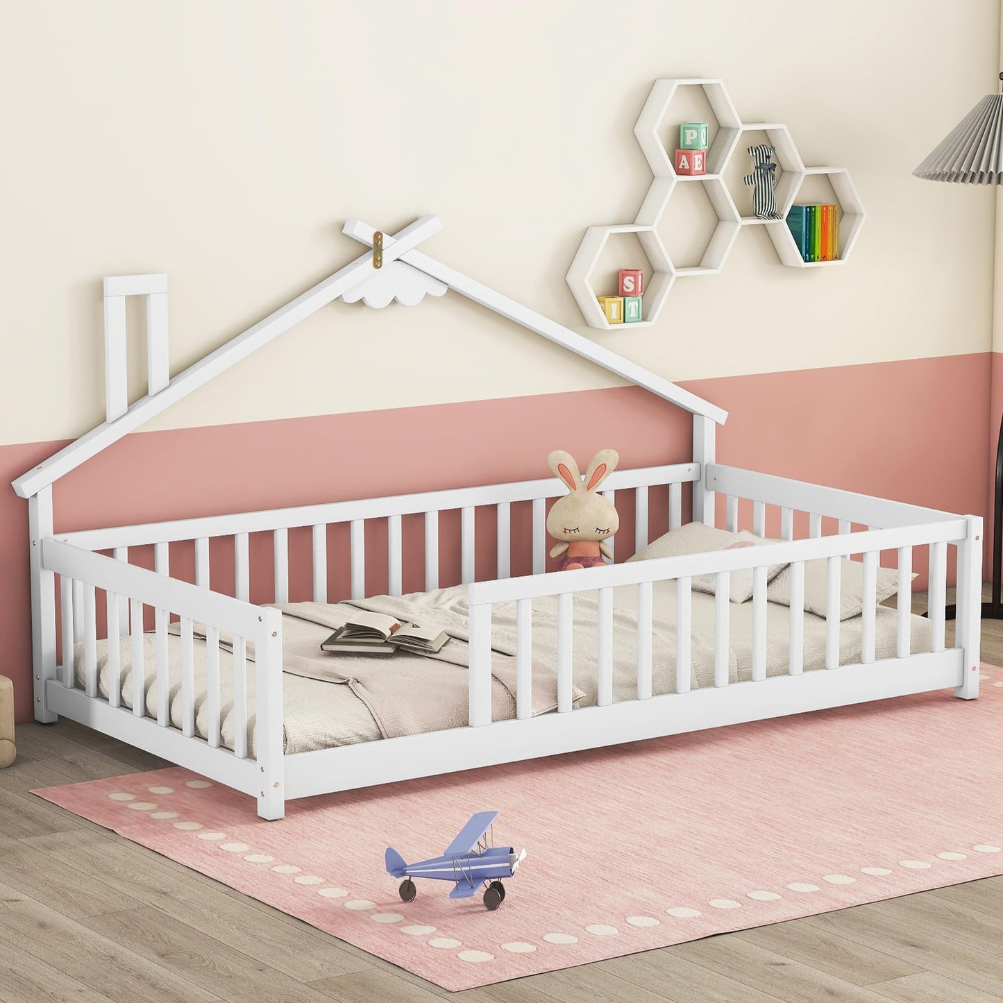 Mirightone Twin Size Floor Bed with House-Shaped Roof and Fence Guardrails - Solid Wood Montessori Design in White