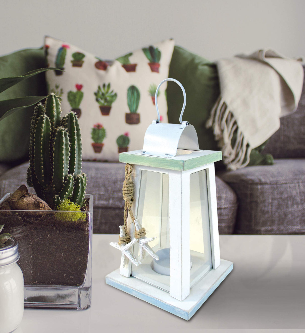 COTA Global Ocean Breeze Nautical Wooden Lantern Candle Holder - Handmade Rustic Tealight Candle Lantern Decor Coastal Table Centerpiece, Indoor Tea Candle Lantern Beach Decorations for Home Puzzled