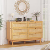 Bliss Homey 6 Drawer Dresser for Bedroom, Rattan Natural Wooden Dresser, 48" Wide Boho Chest of Drawers, Double Dresser with Wood Storage Organizer for Closet, Living Room, Hallway Bliss Homey