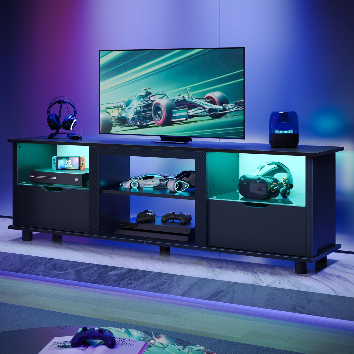 Bestier 70" Gaming Entertainment Center with Drawers, LED TV Stand for 75 Inch TV, TV Entertainment Stand for Living Room with Storage and Glass Shelves (Black 3D Carbon Fiber) Bestier