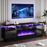 PRETZI 70" Modern Fireplace TV Stand with 36" Electric Fireplace for TVs Up to 80 inch, Luxury LED Light Entertainment Center with High Gloss Cabinet, TV Consoles for Living Room, Black PRETZI