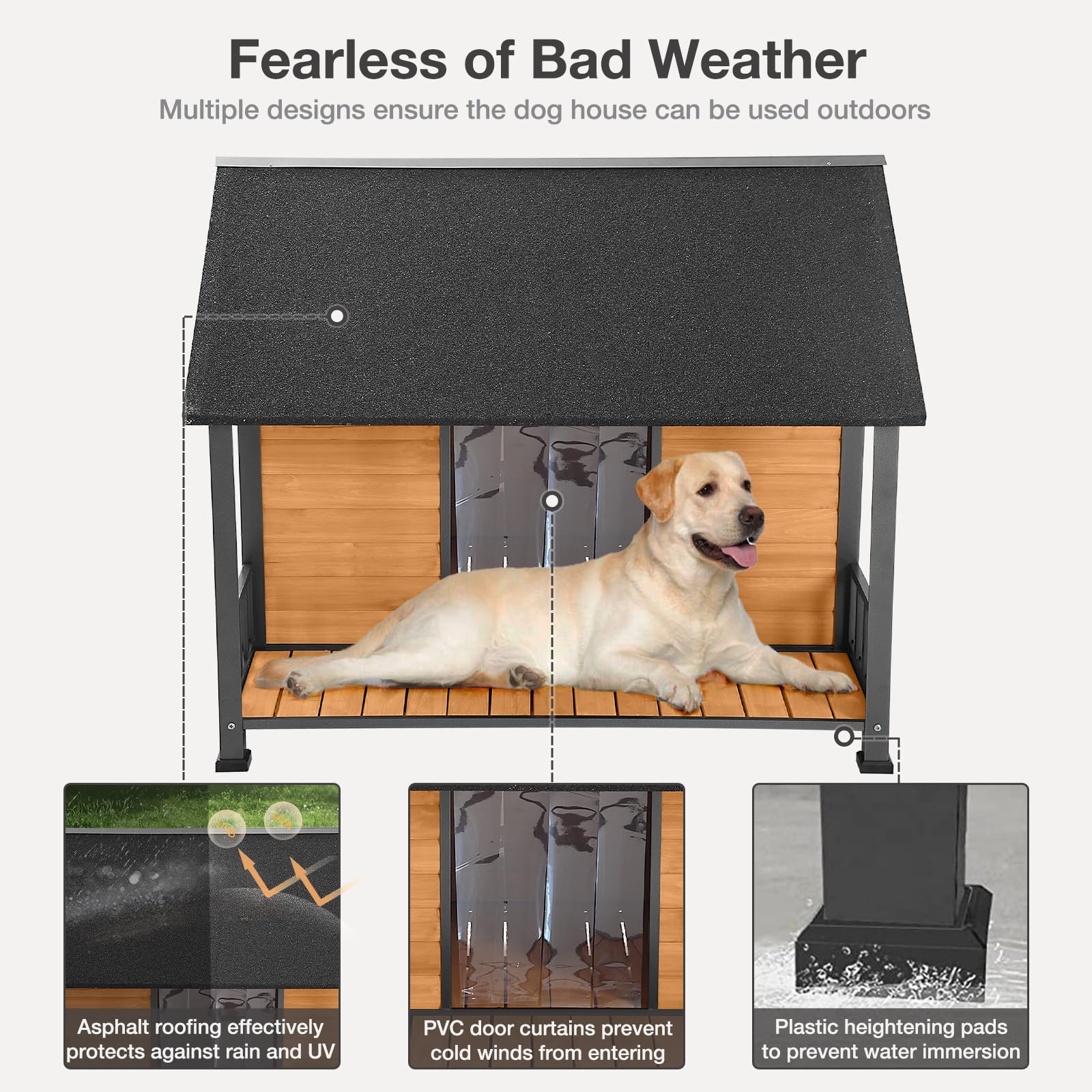 MEDEHOO Outdoor Weatherproof Dog House - Easy to Assemble Puppy Shelter with All-Around Iron Frame & Fir Wood - Ideal for Large Dog Breed - WoodArtSupply