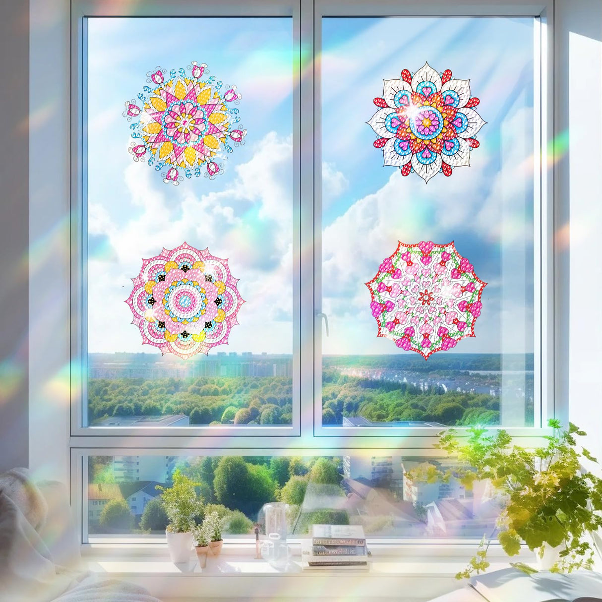 ACSAUMMY DIY Diamond Art Window Clings, 6pc Mandala Suncatchers Reusable Stained Glass Decals 5D Diamond Art Painting Static Window Stickers, Gem Craft Kit for Adults Kids Home/Indoor Decor, Gift ACSAUMMY