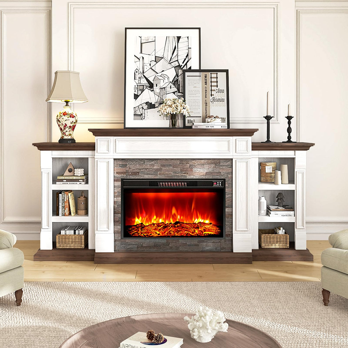 80" Fireplace TV Stand for TVs Up to 90 Inch, Electric Fireplace with Mantel, Farmhouse Entertainment Center with Storage, Realistic Stacked Stone Surround with Remote Control for Living Room HolliWill