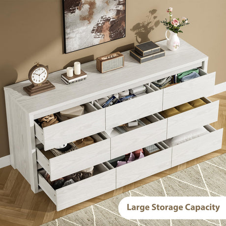 IDEALHOUSE Rustic Farmhouse 9 Dresser for Bedroom,Wooden Drawer Dresser,Handle-Free Storage Cabinet with Drawers for Bedroom, Living Room & Hallway, with Anti-Tip Safety,White IDEALHOUSE