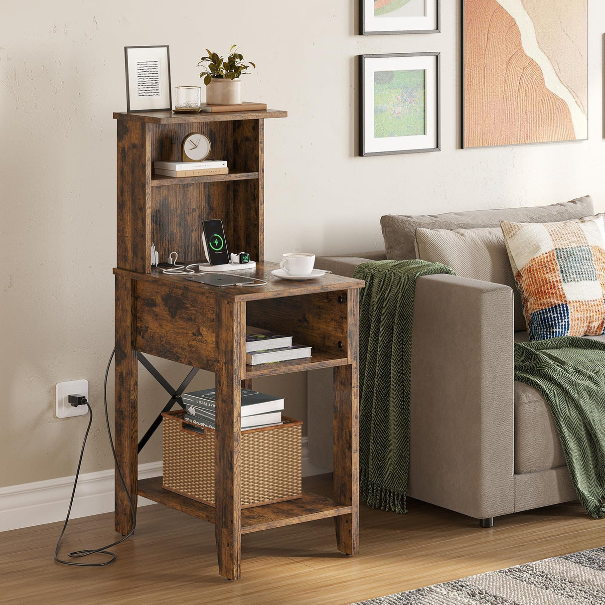 Bestier Rustic Farmhouse Bedside Tables - Tall Nightstands With Charging Ports, Set of 2, Brown Bestier