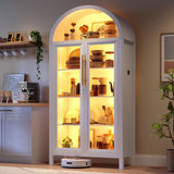 Dystler Arched Kitchen Pantry Cabinet with Glass Doors, Display Curio Case with 3 Color LED Lights for Collectibles, Modern 5-Tier Storage Hutch Cabinet, White Dystler