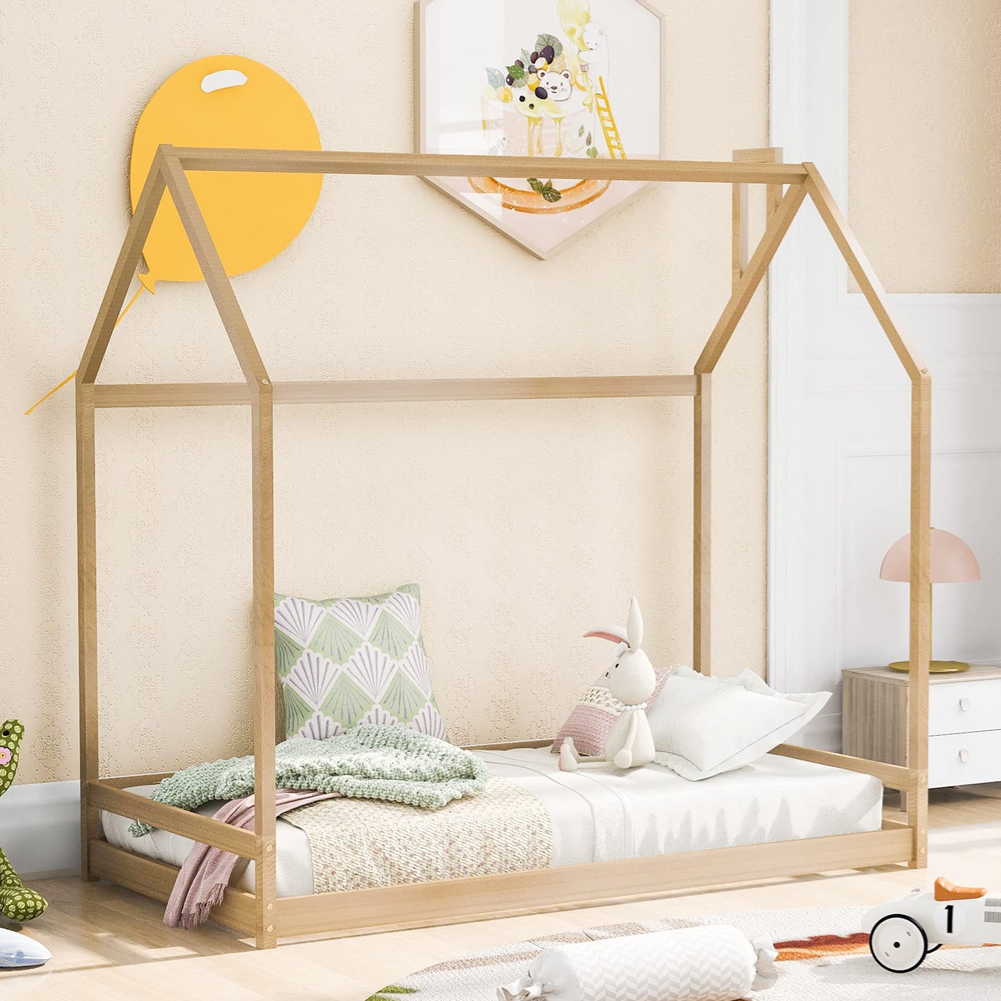 Montessori Twin House Bed with Roof for Kids - Natural Wooden Floor Bed by Harper & Bright Designs - WoodArtSupply