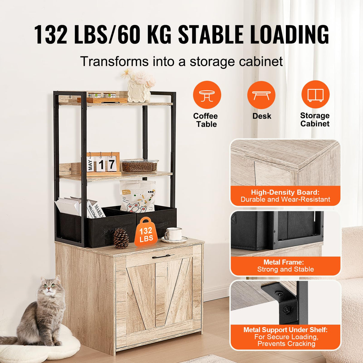 VEVOR Cat Litter Box Enclosure, Hidden Litter Box Furniture with 2 Storage Shelves & 2 Baskets, Wooden Cat Washroom Indoor, Cat House Cabinet Fit Most of Litter Box, 23.6"L x 19.7"W x 50"H, Natural VEVOR