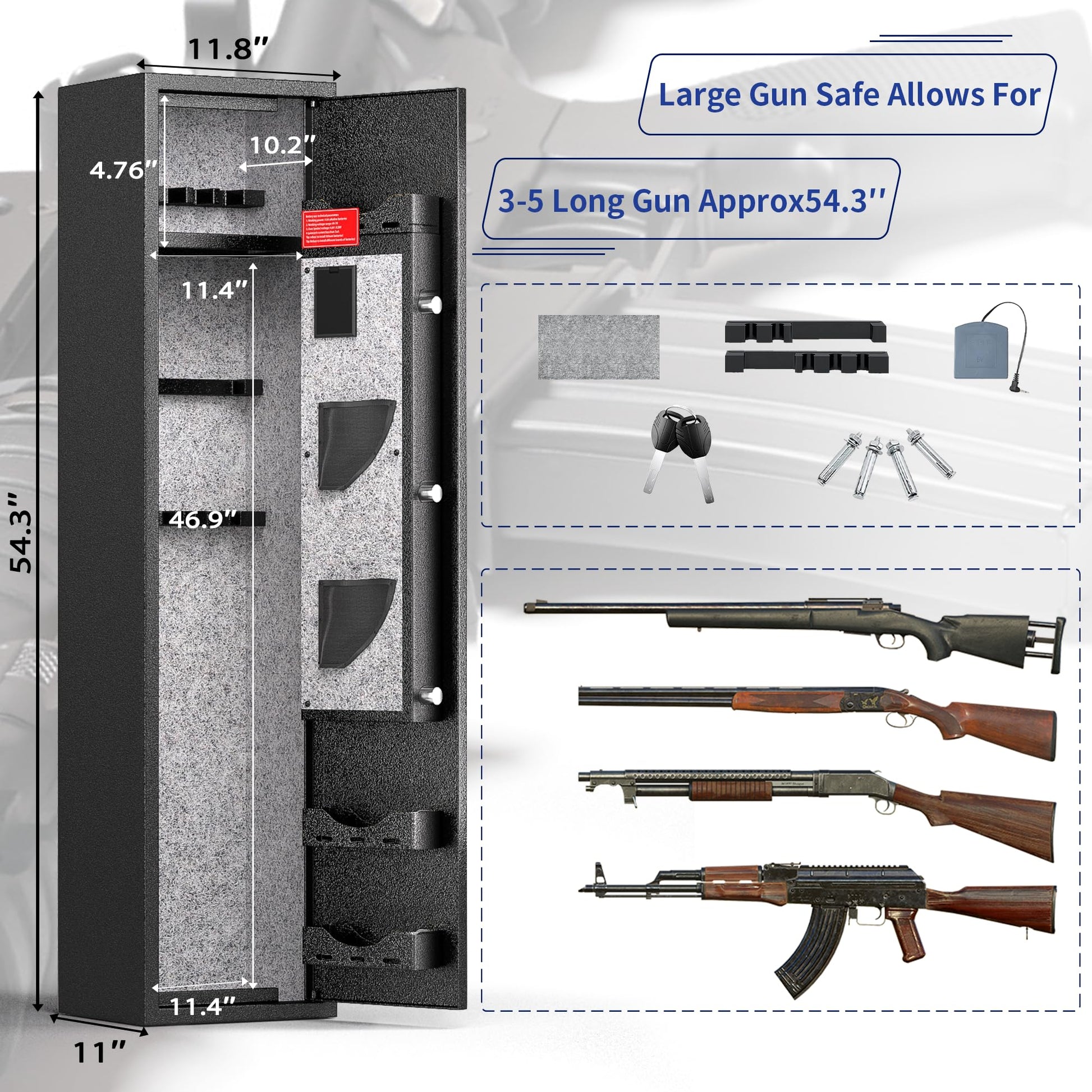 INTERGREAT 4-10 Rifle Safe Quick Access, Long Gun Safe Shotgun for Pistols and Home, Metal Gun Cabinet with Pockets for Handgun, 3 Adjustable Shelf, Firearms - WoodArtSupply