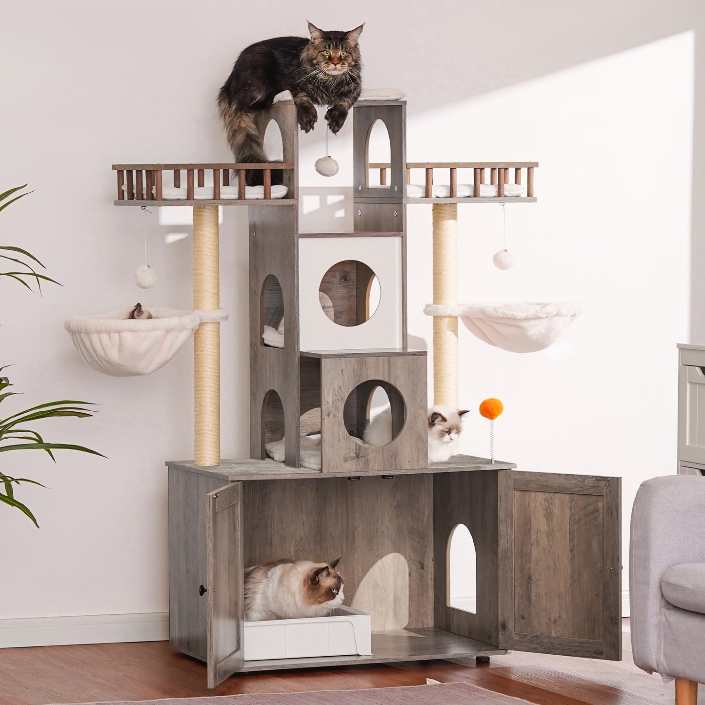 Heybly Cat Tree with Litter Box Enclosure for Indoor Big Cat, Cat Tower for Large Cats 20 lbs Heavy Duty, Modern Cat Condo Furniture with Scratching Posts, Rustic Gray HCT110SG - WoodArtSupply