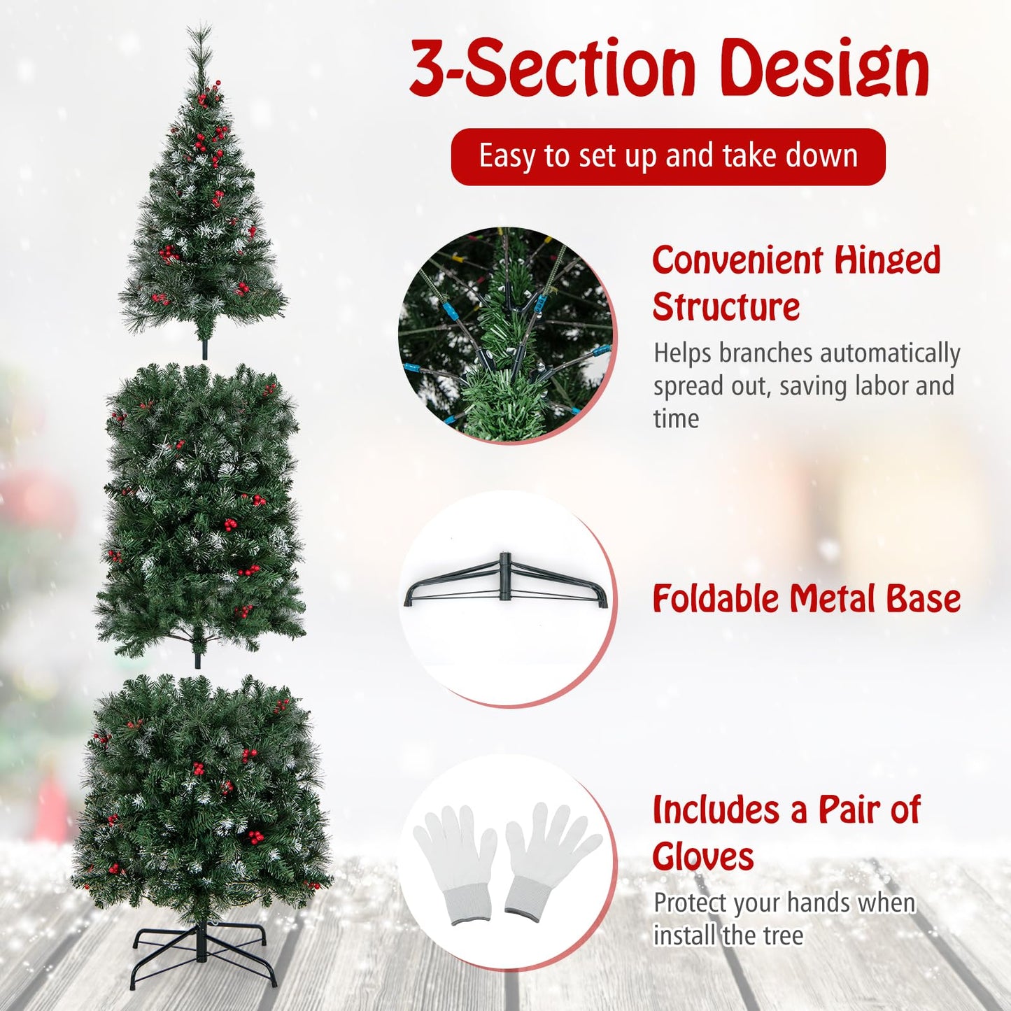 Goplus 8ft Pre-Lit Pencil Christmas Tree, Artificial Hinged Slim Xmas Tree with 420 Warm-White LED Lights, 1168 Branch Tips, Pine Needles, Silver Glitter, Red Berries, for Office Home Decor