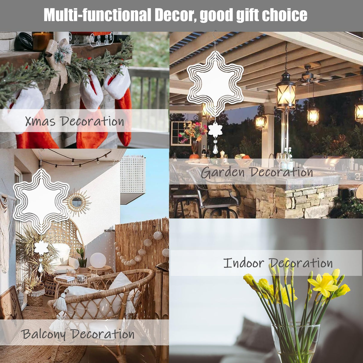 WindMage 4Pack 8inch Sublimation Wind Spinner Blanks 3D Aluminum Metal Wind Sculpture Kinetic Spinners for Yard and Garden Indoor Art Sublimation Christmas Ornament Hanging Decoration (Snowflake) WindMage