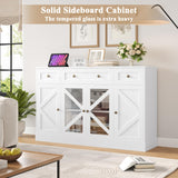 Keyluv Buffet Sideboard 55" Large Storage Cabinet 4 Doors and 3 Drawers, Farmhouse Wooden Coffee Bar Space-Saved Cupboard Furniture for Dining Room, Kitchen, Living Room, White Keyluv