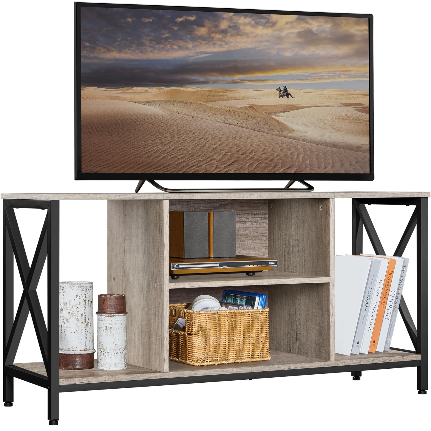 Yaheetech Industrial TV Stand for 55 Inch TV, Entertainment Center Media Console Table with Open Storage for Living Room, Wood Modern Furniture, Gray