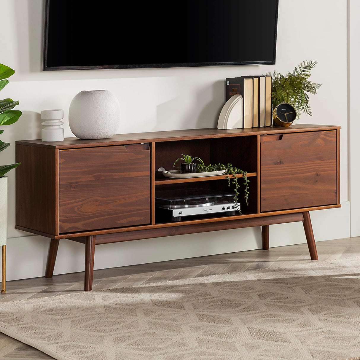Walker Edison Modern 2-Door Solid Wood Stand for TVs up to 65 Inches, 58 Inch, Walnut Walker Edison