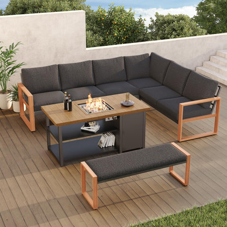 Grand patio 4-Piece Outdoor Furniture Set with Gas Fire Pit Table, Aluminum Patio Sofa Set for 8 with Faux Wood Grain Finish, Modern Patio Couch Sofa with Outdoor Bench and Chaise for Backyard Grand patio