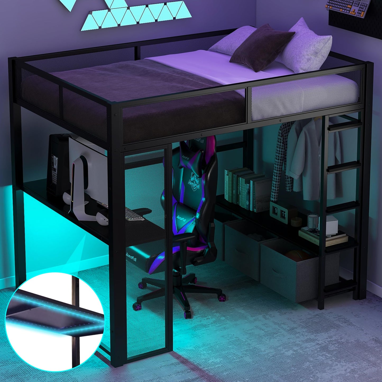 Ziraukon Full Size Loft Bed with Desk and LED, Metal Gaming Bed with Open Wardrobe and Storage Drawers, Mid Loft Bed Frame, No Box Spring Needed, Black