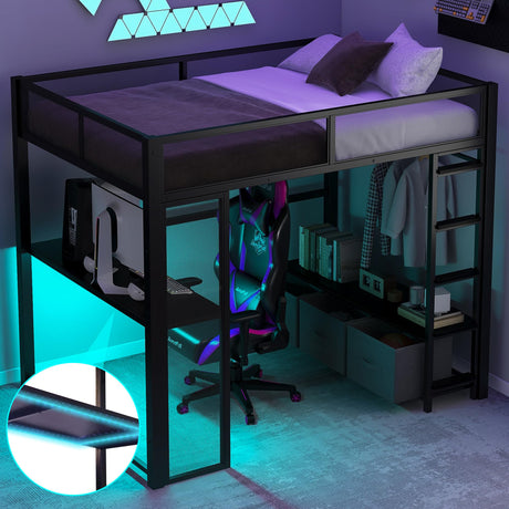 Polibi Full Size Metal Gaming Loft Bed with LED Lights/Desk/Open Wardrobe and 3 Linen Storage Drawers,Loft Bed Frame with Mesh Guardrail and Ladder,Black Polibi