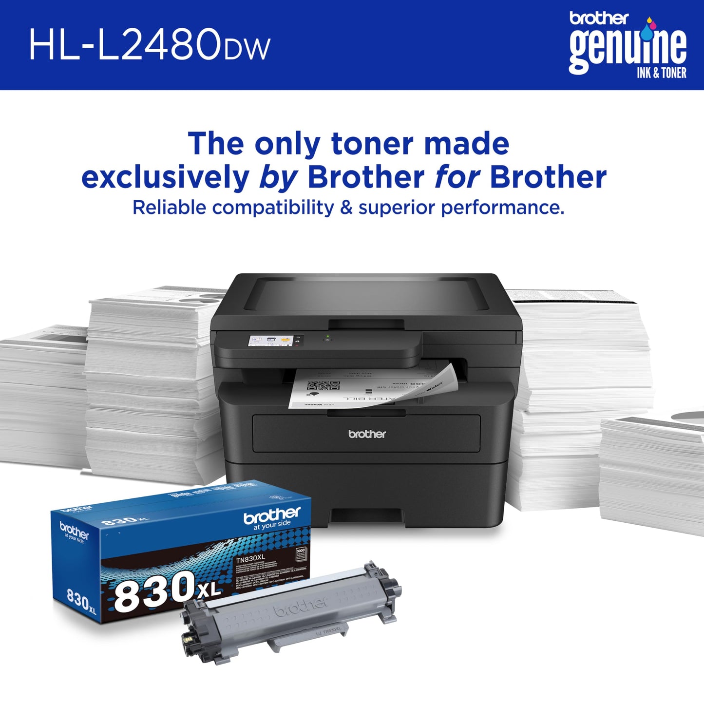 Brother HL-L2480DW Wireless Compact Mobile Monochrome Multi-Function Laser Printer with Copy, Scan, Duplex, Black & White Output | Includes Refresh Subscription Trial(1), (Renewed Premium)